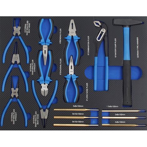 Profi Werkstattwagen Einlage blau Hammer, Zangen und Durchschläger 16 tlg. Schaum 520x400mm