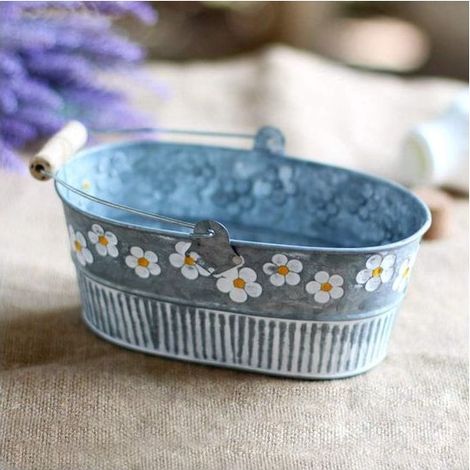 Seau à fleurs en métal - Petit seau ovale en fer - Motif marguerites - Pour décoration de jardin et d'intérieur - 19,5 x 11,5 x 8,3 cm (1/5)