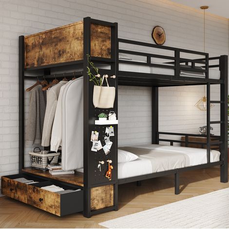 Letto a castello per bambini 120x200 cm con contenitore, armadio, cassetto e ripiani a giorno, in metallo e legno, nero/noce (1/5)