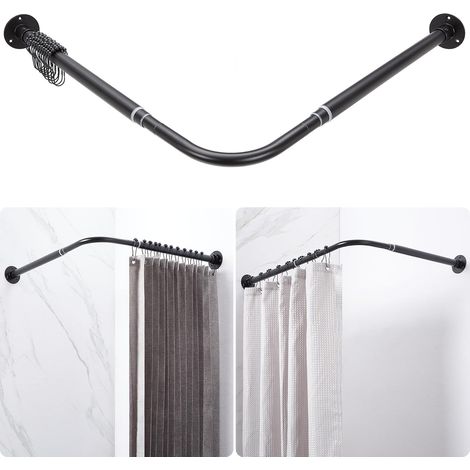 Barre de Douche d'Angle en L Réglable [62-121 cm] x [62-121 cm], avec 12 Crochets et Support de Plafond pour Baignoire ou Salle de Bain - Noir Mat (1/5)