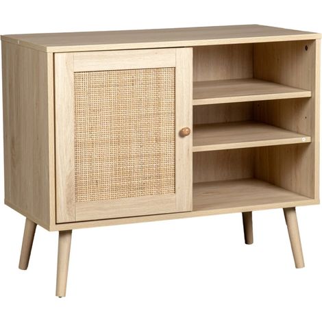 madia multifunzionale bella home con porta battente in rattan e 2 ripiani 80x39x67 cm