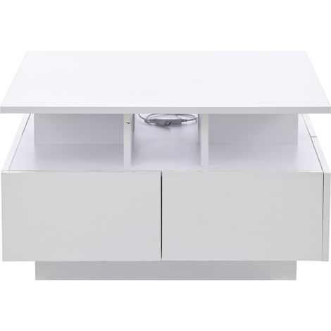 Table basse cube blanche 70x70x40 cm avec 4 tiroirs, LED contrôlable par application, design géométrique (1/5)