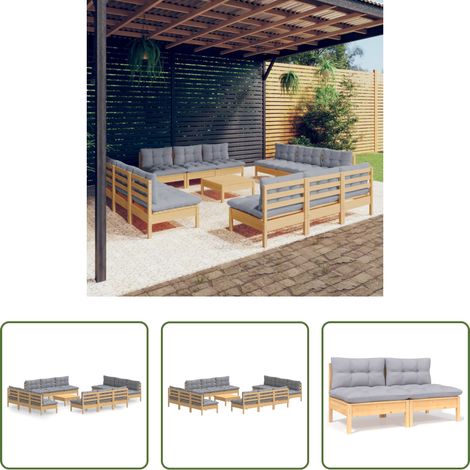 Terrassenmöbel - 13-tlg. Garten-Lounge-Set mit Grauen Kissen Kiefernholz (1/5)