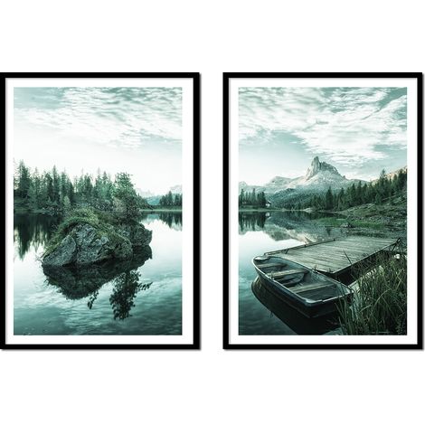 BILDPOSTER IM RAHMEN 53x73cm Diptychon 2er-Set Gemälde Berge See P2147 (1/3)