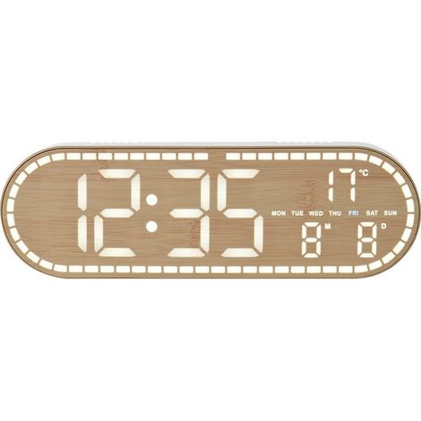 Horloge murale LED ovale avec calendrier perpétuel et alarme, idéale pour le salon, la chambre ou le bureau. Modèle GH8053, aspect bois jaune. (1/5)