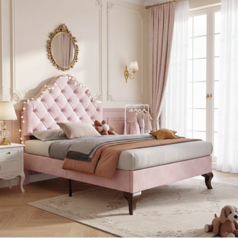 Lit simple en velours rose 90x200 cm avec sommier à lattes et tête de lit réglable (1/5)