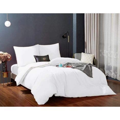 Linge de lit en satin blanc de qualité supérieure, format Queen, 140 x 200 cm, avec bordure élégante. (1/5)