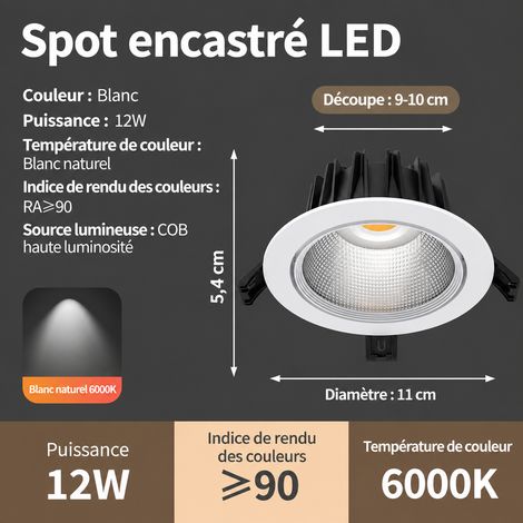 Spot LED Encastrable Plafond COB 12W Lumière Blanche Perçage 9-10 cm 12w 9-10cm réf 3225 200 g – Livraison gratuite