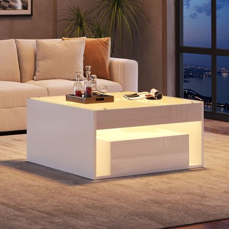 Tavolino quadrato 70x70x35 cm bianco con 2 cassetti, piano in vetro temperato, LED USB e nicchia aperta (1/5)