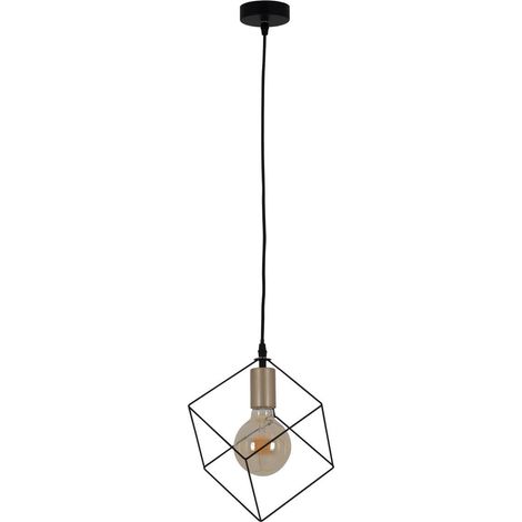 Suspension Luminaire Design Cube en Métal Noir et Doré, Lustre E27 pour Salon et Bureau, 26 x 26 cm - PANGIVO (1/5)