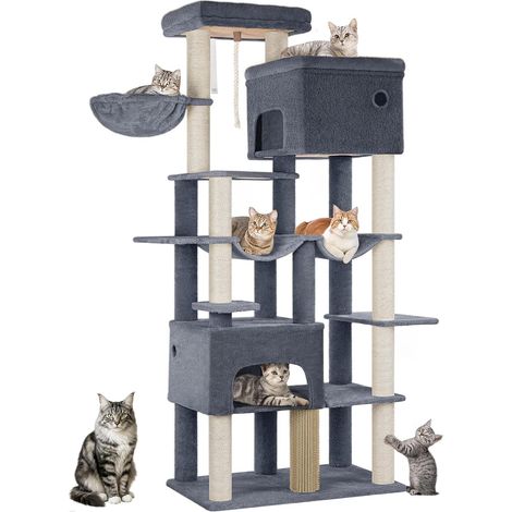 Albero Gatto 200 cm Extra Large, Tiragraffi con 2 Cucce e 10 Sisal, Torre Resistente per Gatti Grandi Maine Coon, Include 2 Amache, Grigio Scuro