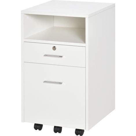 Classeur de bureau à 2 tiroirs, 5 roulettes et étagère ouverte, avec serrure et 2 clés, format Lettre/A4, meuble de rangement vertical pour bureau, 39 x 40 x 65 cm, blanc