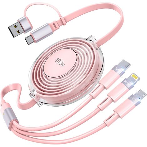 Câble de charge multiple 3 en 1, chargeur iPhone intégré, charge rapide 100 W, câble de charge pour téléphone USB-C/A vers Lightning/USB-C/Micro USB (1/5)