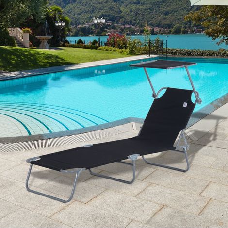 Gartenliege 187x58x36 cm schwarz aus Metall mit Sonnendach klappbar (1/5)