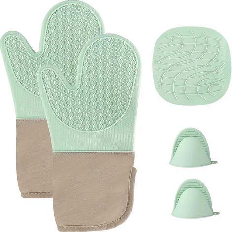 Ensemble de 5 maniques et gants de cuisine extra longs en silicone, résistants à la chaleur jusqu'à 260 °C (500 °F), antidérapants, doublure douce, de qualité alimentaire, vert d'eau (1/4)
