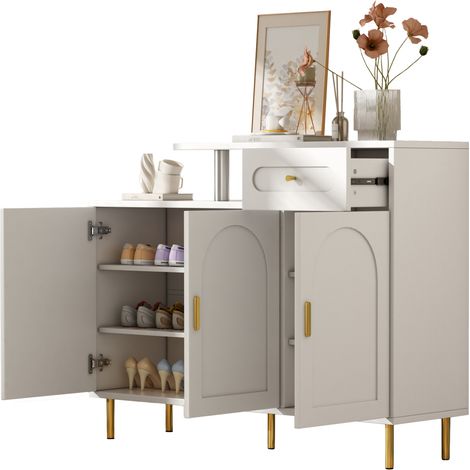 CHICFURN Buffet meuble de rangement blanc avec 1 tiroir, 3 portes arrondies, poignées et pieds en métal, idéal pour salon, entrée ou cuisine, 120 x 35 x 92 cm (1/5)