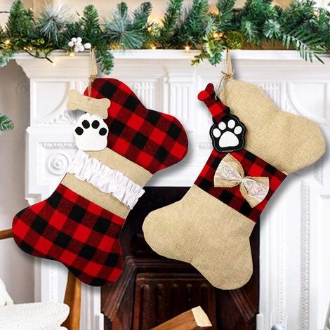 Lot de 2 bas de Noël pour chiens, bas en toile de jute à carreaux en forme d'os, bas classiques à suspendre pour décorations de Noël (1/5)