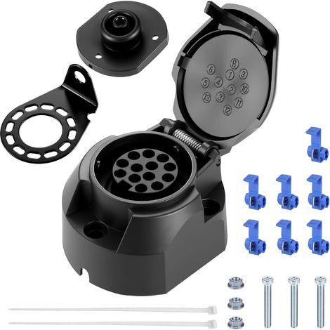 Prise Remorque 13 Broches, Prise 13 Broches avec Joint en Caoutchou et Support de Montage en Métal, 12V Étanche Norme ISO 11446 Adaptateur Connecteur Prise pour Caravane Voitures RV Bateau (1/5)