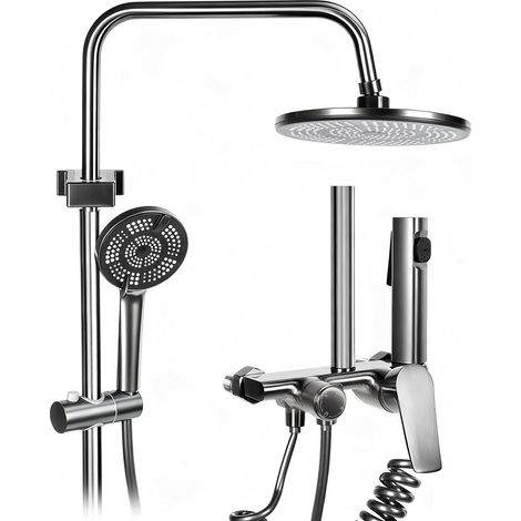 Système de douche à effet pluie complet avec robinet et étagère, pommeau 3 modes de jet et douchette à main, facile à installer (1/5)