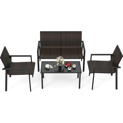 COSTWAY Salon de Jardin 4 Pièces en Osier Charge 150-300KG, Ensemble de Meubles de Patio avec Cadre en Métal Galvanisé et Table Basse en Verre Trempé pour Patio Balcon Terrasse (Marron) (1/5)