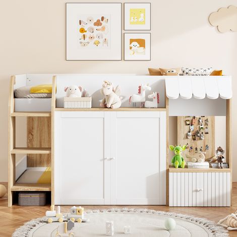Lit mezzanine maison 90x200 cm blanc et naturel en bois avec échelle, rangement et design sécurisé (1/5)