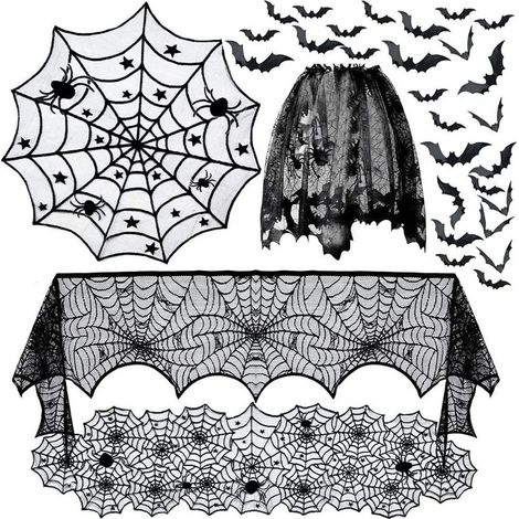 Décorations d'Halloween, tissu en dentelle rond d'Halloween, tissu en dentelle rectangulaire, châle chauve-souris effrayant avec toile d'araignée, abat-jour cheminée araignée avec 36 pièces (1/4)
