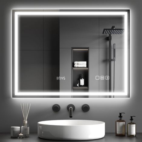 Miroir salle de bain LED bluetooth 60 x 80 cm interrupteur tactile lumière réglable 3 couleurs anti-buée mémoire argent