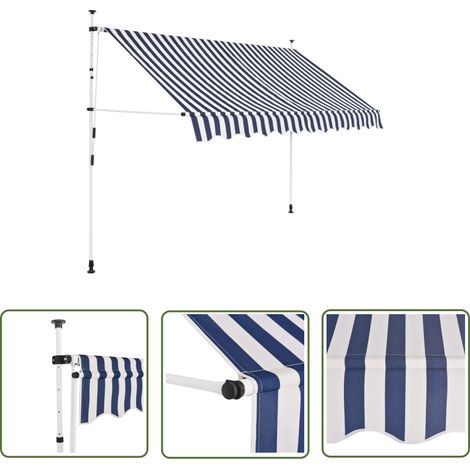 The Living Store Auvent rétractable manuel 250 cm Rayures bleues et blanches - Auvent Retractable - Stores Exterieurs - Parasol - Abri Solaire - Protection Soleil (1/5)