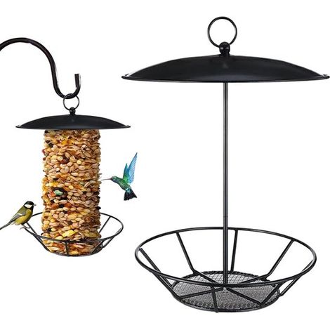Comedero para pájaros - Casita para pájaros de jardín - Para alimentar animales - Metal impermeable - 28 x 28 x 10 cm - Negro