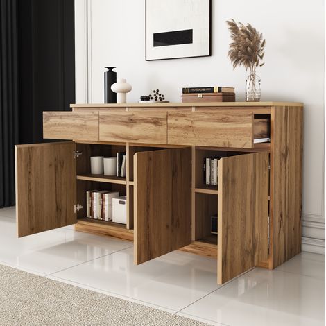 Aparador 135x40x81 cm color madera en tablero de partículas con 3 puertas, 3 cajones y estantes ajustables
