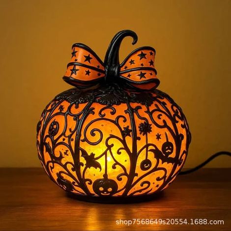 Lampe citrouille style Tiffany, lampe de table LED en vitrail pour Halloween, lampe décorative d'automne, citrouille ornée d'un nœud, 12 cm