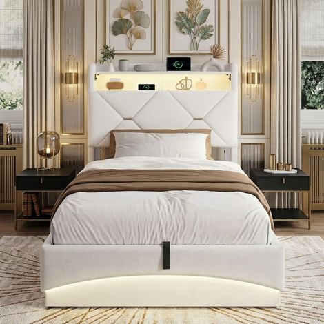 Lit 90x200 cm avec Port USB et Lumière LED, Lit Coffre avec Sommier à Lattes métalliques et Rangement Hydraulique, Tête de lit avec espace de rangement, Tissu en Velours, sans Matelas, Beige (1/5)