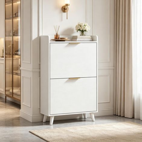 Schmaler weißer Schuhschrank 70 x 30 x 120 cm, platzsparend für den Flur – MEUBLIV (1/5)