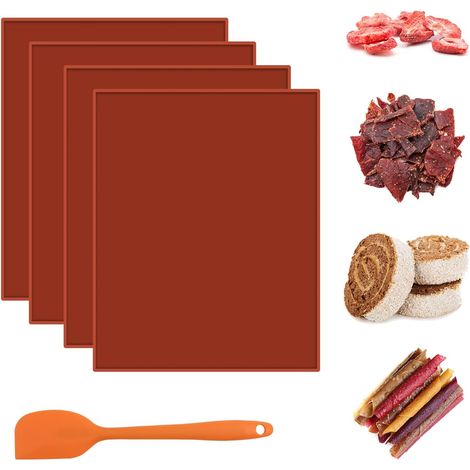 4 Pièces Feuilles de Déshydrateur en Silicone avec Bord, Doublure de Plateau de Déshydrateur Alimentaire Antiadhésive, Tapis Cuisson pour Roulé Suisse Séchoir à Fruits avec Grattoir (Marron) (1/5)