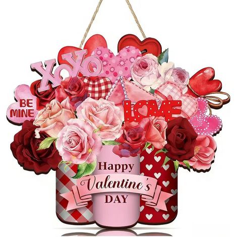 New Valentine's Day Wooden Hanging Ornament with Rose and Heart Design - 28x26cm (Welcome Sign for Farmhouses and Families)