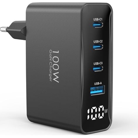 Chargeur USB C 100W, 4 Ports Chargeur Rapide à avec indicateur LED Prise USB C Multiport pour 17/16/15 Pro Max, pour MacBook Air/Pro, pour Galaxy S25/S24/S23 et iPad, pour Pixel 10/9/8 (1/5)