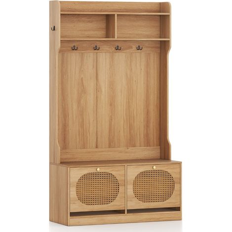 Porte-manteau d'entrée 4 en 1 avec banc et tiroirs à abattants 101,5 x 40 x 180 cm avec grande capacité de rangement style rustique en bois naturel