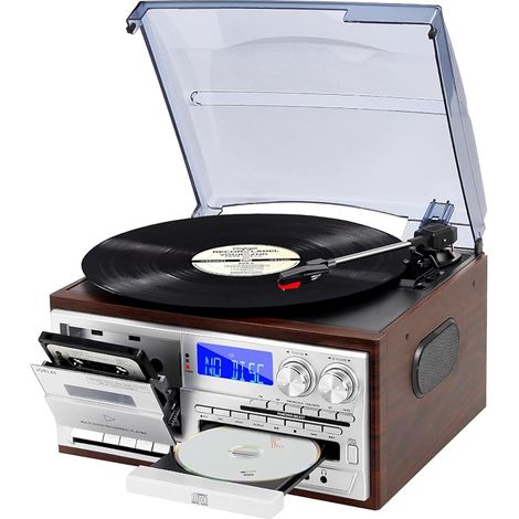9-in-1 3 Speed Turntable with 3.5 mm Audio Jack, Vinyl Phono with Built-in Stereo Speakers/Batteries, CD/Tape, AM/FM Radio, USB/SD, Brown (1/5)