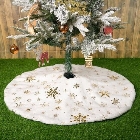 1 pièce Jupe de sapin de Noël, 120 cm, fond blanc avec motifs flocons dorés, décoration festive pour sapin intérieur (1/4)