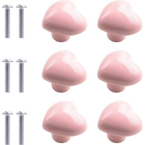 Set di 6 pomelli in ceramica rosa a forma di cuore con viti per cassetti, armadi e maniglie decorative per mobili da cucina. (1/5)