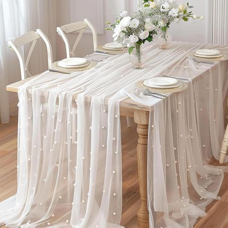 Chemin de table tulle avec perles 80x300cm Blanc Élégant & Polyvalent pour Mariages & Fêtes