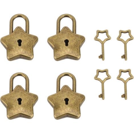 4 Sets Treasure Chest Padlock Mini Metal Diary Jewelry Box Decorative Lock with Key S007 Five-Pointed Star Antique Brass (1/5)