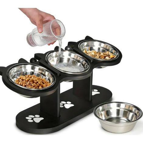 Bols chat surélevés bois lot 3 support avec 4 couvercles inox noir gamelle chien surélevée (1/5)