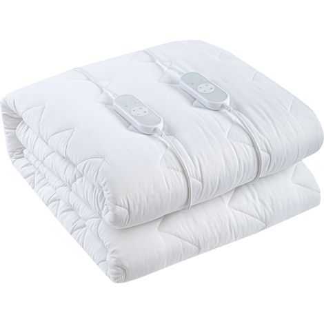 Scaldaletto Elettrico Matrimoniale 203 x 165 Cm Cotone e Poliestere Impermeabile 3 Livelli di Temperatura 2 Controller Indipendenti Spegnimento Automatico Anti Surriscaldamento Fascia Elastica Bianco