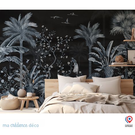 Papier peint : Jungle tropicale et oiseaux sur fond noir - Intissé - L.200 x H.280 cm - Marron clair (1/3)