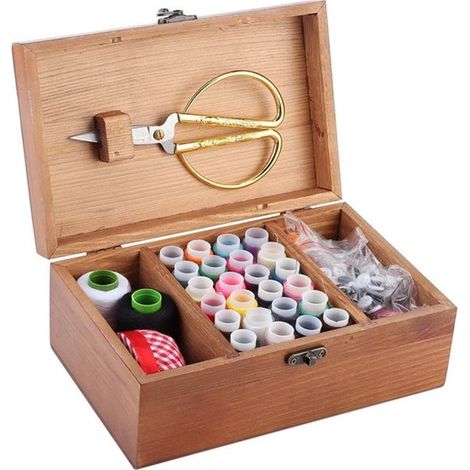 Boîte à couture vintage en bois avec compartiments de rangement pour aiguilles fils et accessoires de couture (1/3)