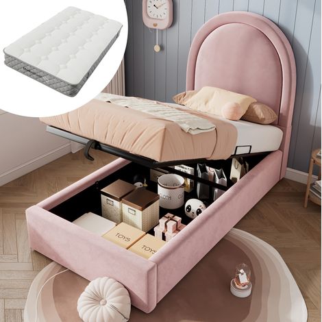 DESVIAE Lit enfant rembourré avec matelas 90 x 200 cm velours rose coffre de rangement sommier à lattes hydraulique tête de lit demi cercle structure métal bois MDF (1/5)