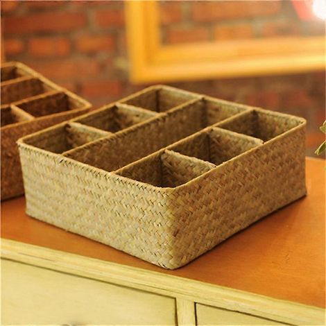Panier en osier tressé à 7 mailles avec couvercle, rectangulaire, en jonc de mer, étagères pour articles ménagers, vêtements, jouets, cosmétiques. (1/5)