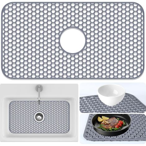 Tapete protector para fregadero de cocina - 66,5 cm x 35,5 cm, para fregadero y vajilla de acero inoxidable, tapete protector de goma con desagüe central (gris) (1/5)