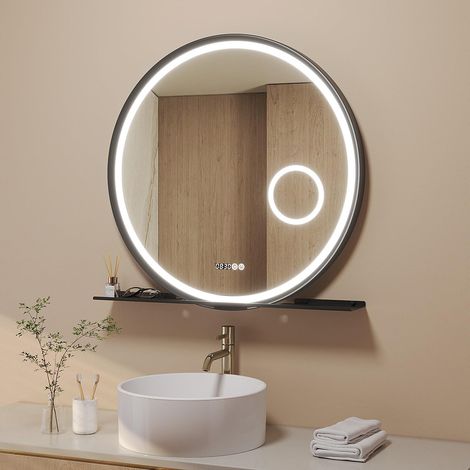Runder Badspiegel 80x80 cm Ablage mattschwarz mit LED-Beleuchtung dimmbar Antibeschlag 3-fach Vergrößerung Kosmetikspiegel digitale Uhr Schrägdesign Touchschalter (1/5)